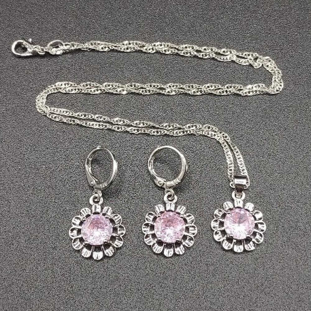 925 Silver Pink Necklace Earrings Flower CZ Diamond Set Spring Summer BOHO Gift